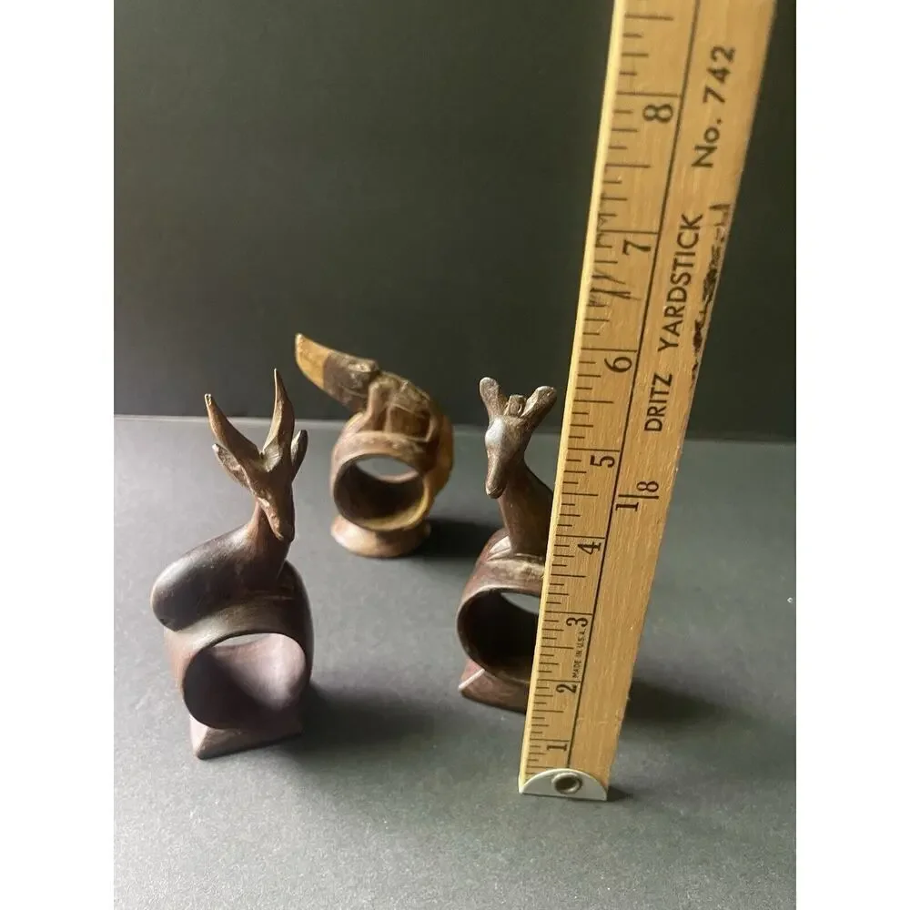 Vintage Set of 3 Hand Carved Wooden African Safari Animal Napkin Ring Holders
